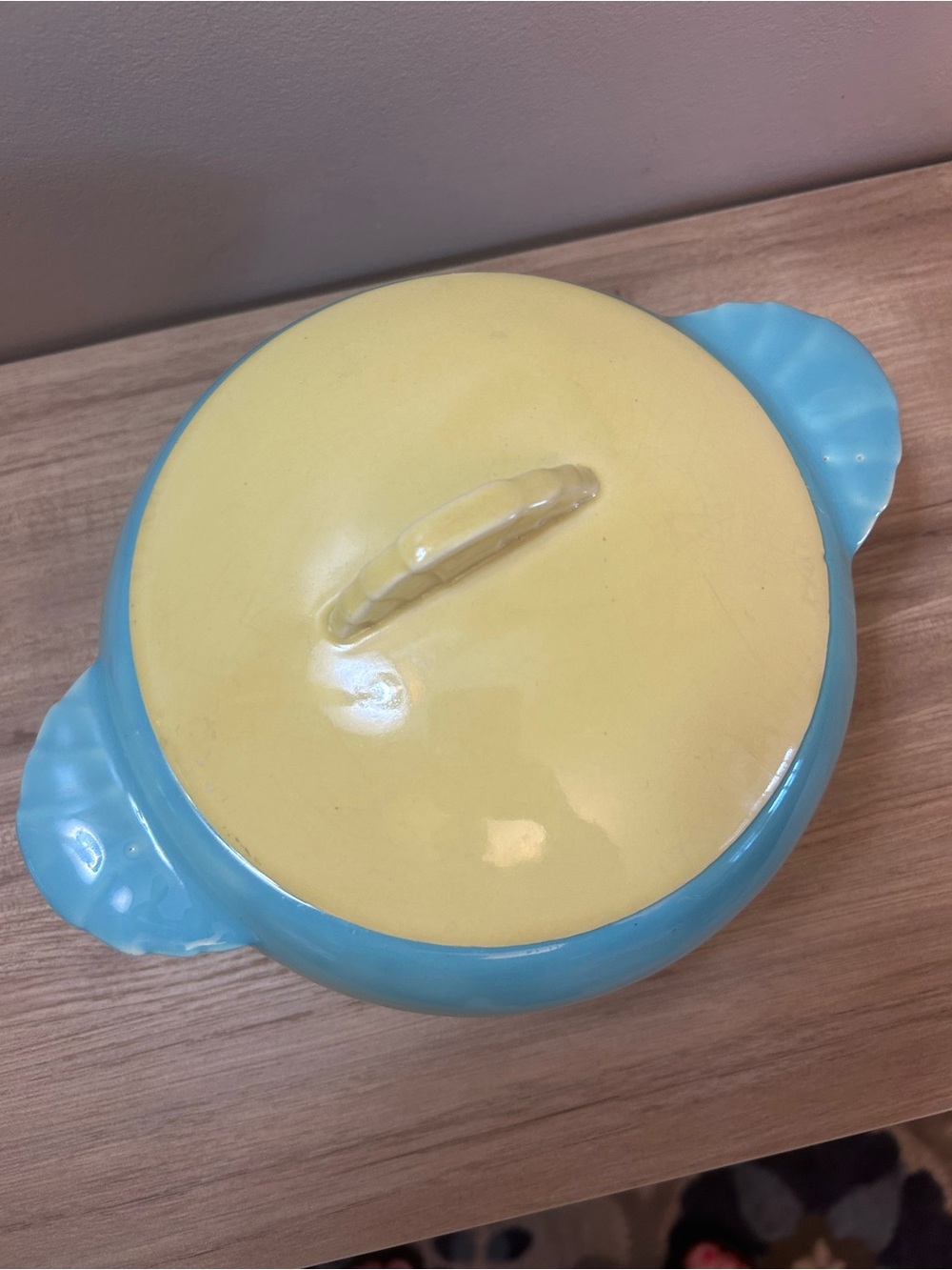 Vintage Blue and Yellow Ceramic Covered Casserole Dish mid century art deco - Picture 2 of 7